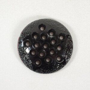 L E Smith Black Amethyst Glass Flower Frog 16 Holes Art Deco Raised Coral